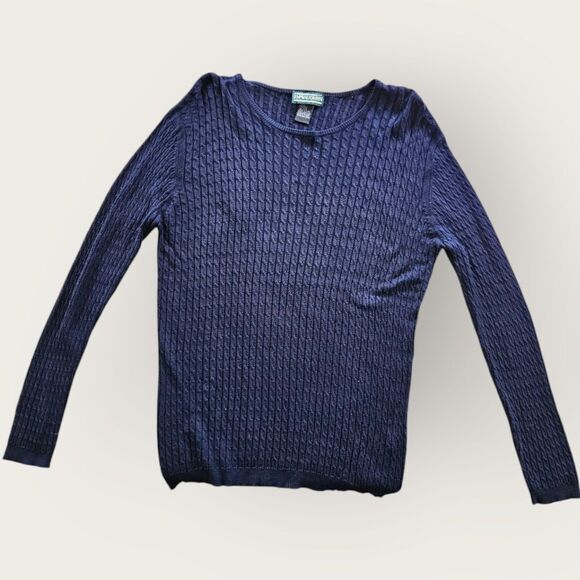 J. McLaughlin 100% Silk Crew Neck Cable Knit Long Sleeve Sweater in Navy Blue L - Picture 1 of 7